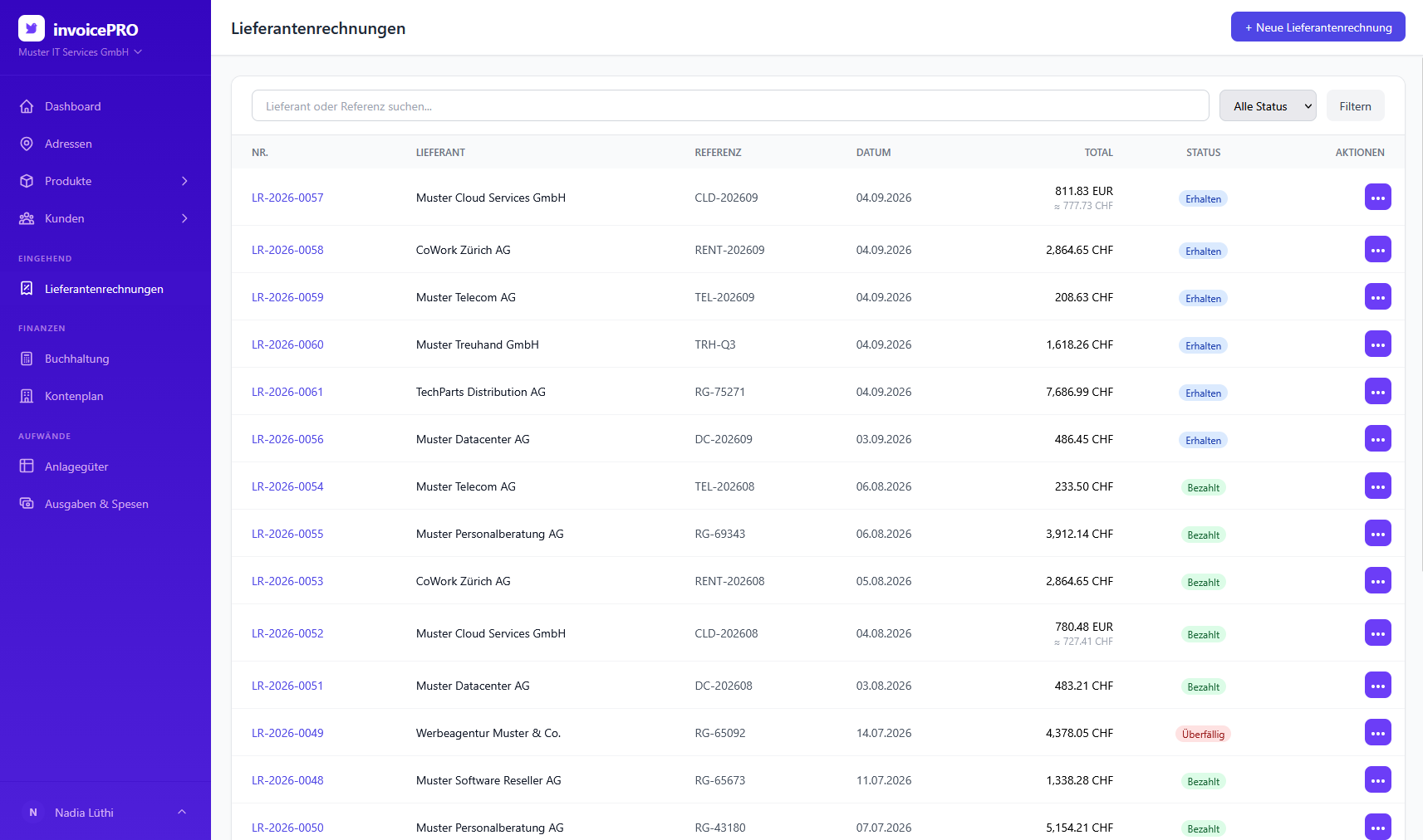 Liste der Lieferantenrechnungen in invoicePRO mit Nummer, Lieferant, Referenz, Datum, Betrag in EUR und CHF sowie Status