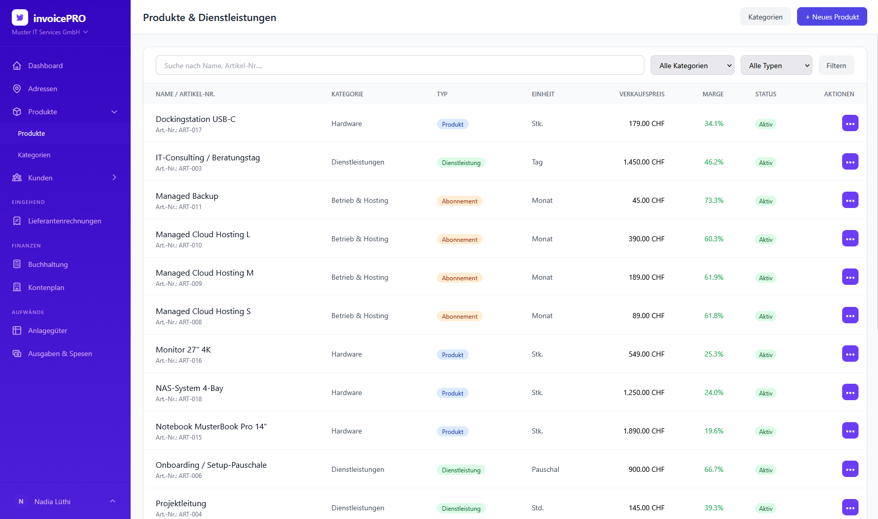 Produktliste in invoicePRO mit Artikelnummer, Kategorie, Typ, Einheit, Verkaufspreis, Marge und Status